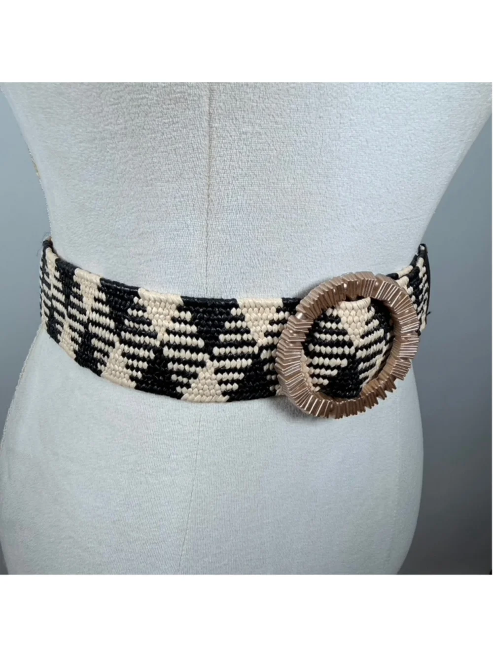 Bohemian Stretch Raffia Belt Black Beige Knit Woven Waist Belt Coastal Size M/L